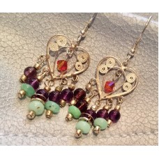 661 Boucles d'oreilles coeurs argent, chrysoprase, amethyst